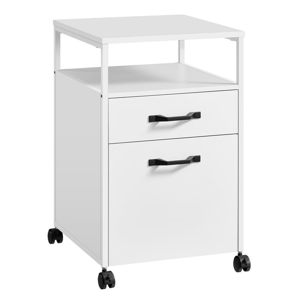 Archivador Móvil con 2 Cajones, Archivador de Oficina con Ruedas, Marco de Acero, con Compartimento Abierto, Blanco Nube OFC071W14