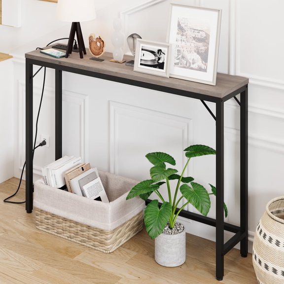 Aoile Narrow Console Table, Sofa Table with Outlets, Behind Couch Table for Living Room, Hallway Table for Entryway (Gray)