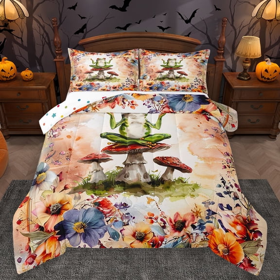 Homewish Kawaii Frog Animal Bedding Comforter Set for Teens, Rustic Groovy Floral Twin Comforter Sets, Jungle Mushroom Reversible Bedding Set, Luxury Bedroom Decor, 2-Piece