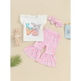 thumbnail image 4 of Musuos Kid Girls Pants Set, 12 18 24M 3 4T Fly Sleeve Letters Print T-shirt with Bunny Print Flare Pants and Headband Easter Outfit, 4 of 10