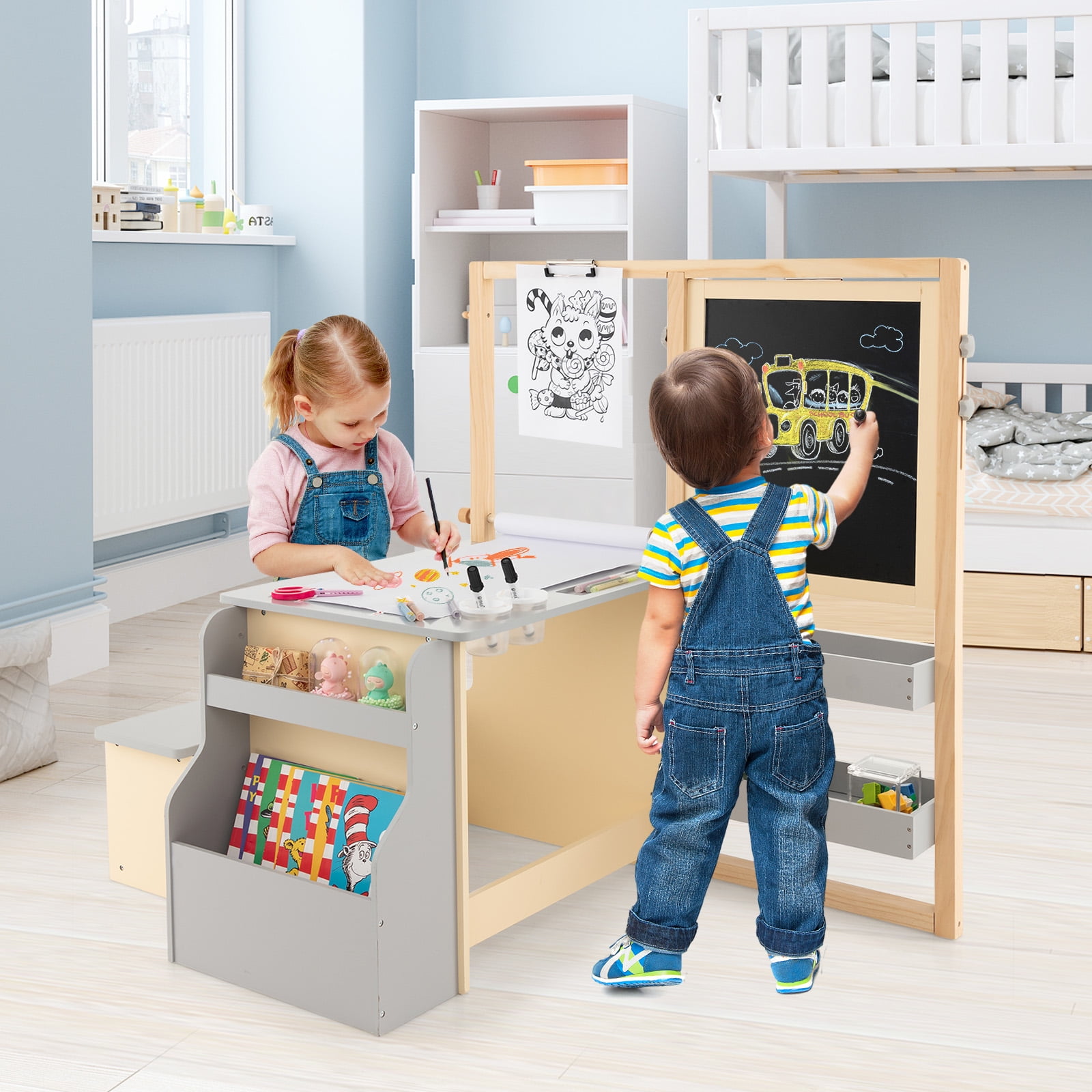 Topbuy Kids Art Easel & Table & Bench Set Multifunctional Art Center Desk with Ample Storage Adjustable Double-Sided Easel Replaceable Paper Roll Gray