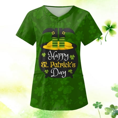 

MELDVDIB Womens St Patricks Day Nursing Scrub Tops Working Uniform Short Sleeve V Neck Workwear Casual Summer Blouse T Shirts with Pockets Gift on Clearance