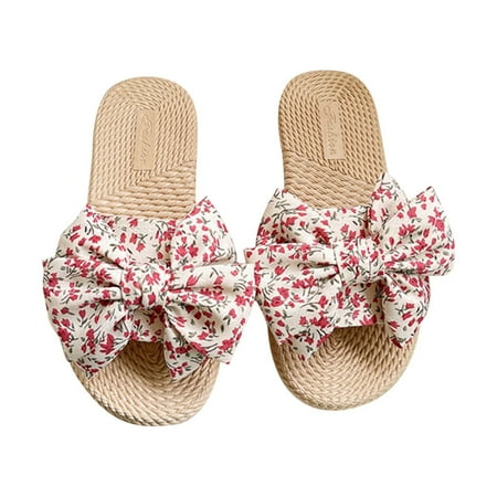 

Bow Slides for Women Bohemian Beach Sandals Open Toe Espadrille Flats Slip On Casual Slippers for Indoor & Outdoor