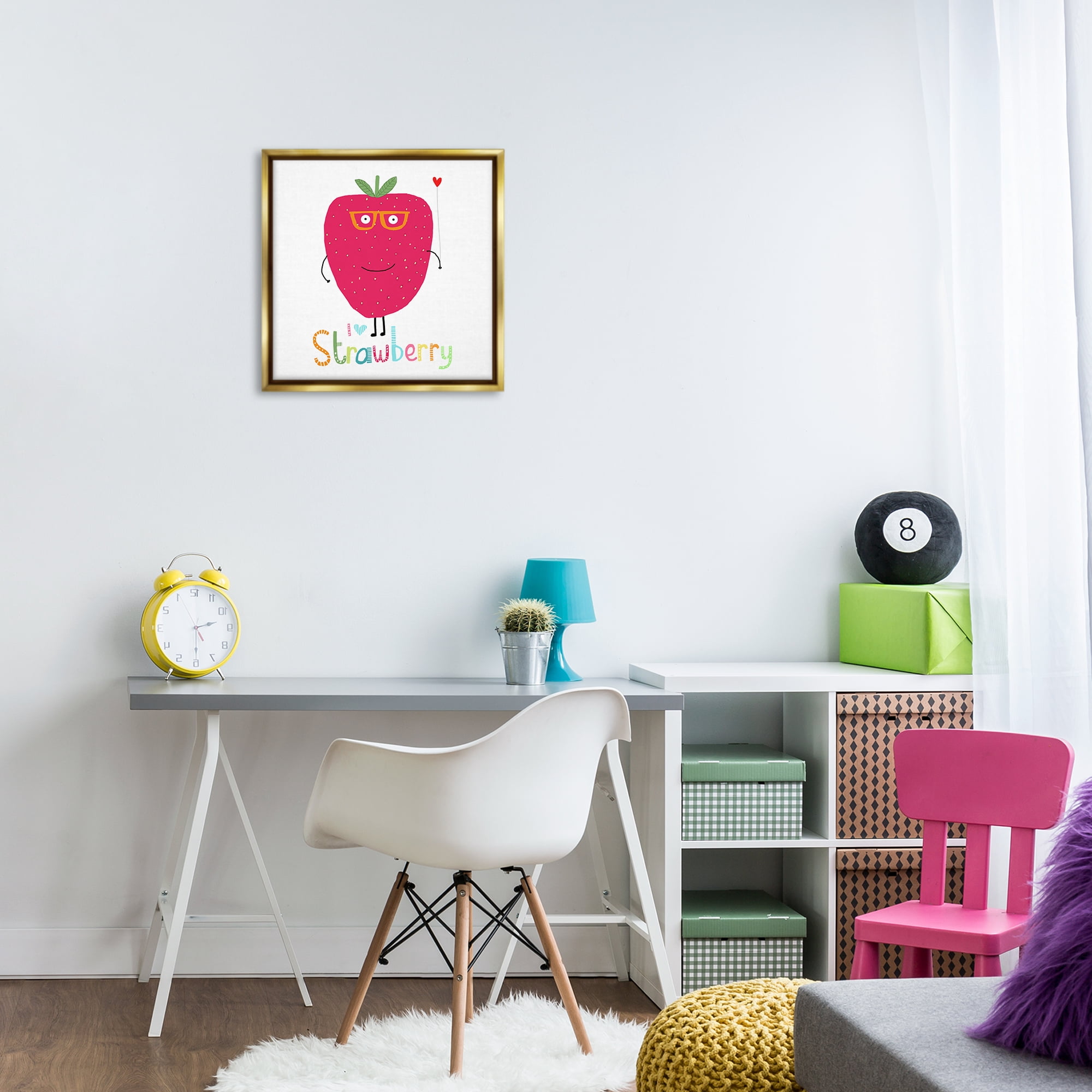 Stupell Industries Fun Smiling Strawberry Food & Beverage Painting Gold Floater Framed Canvas Art Print Wall Art, 18 x 18