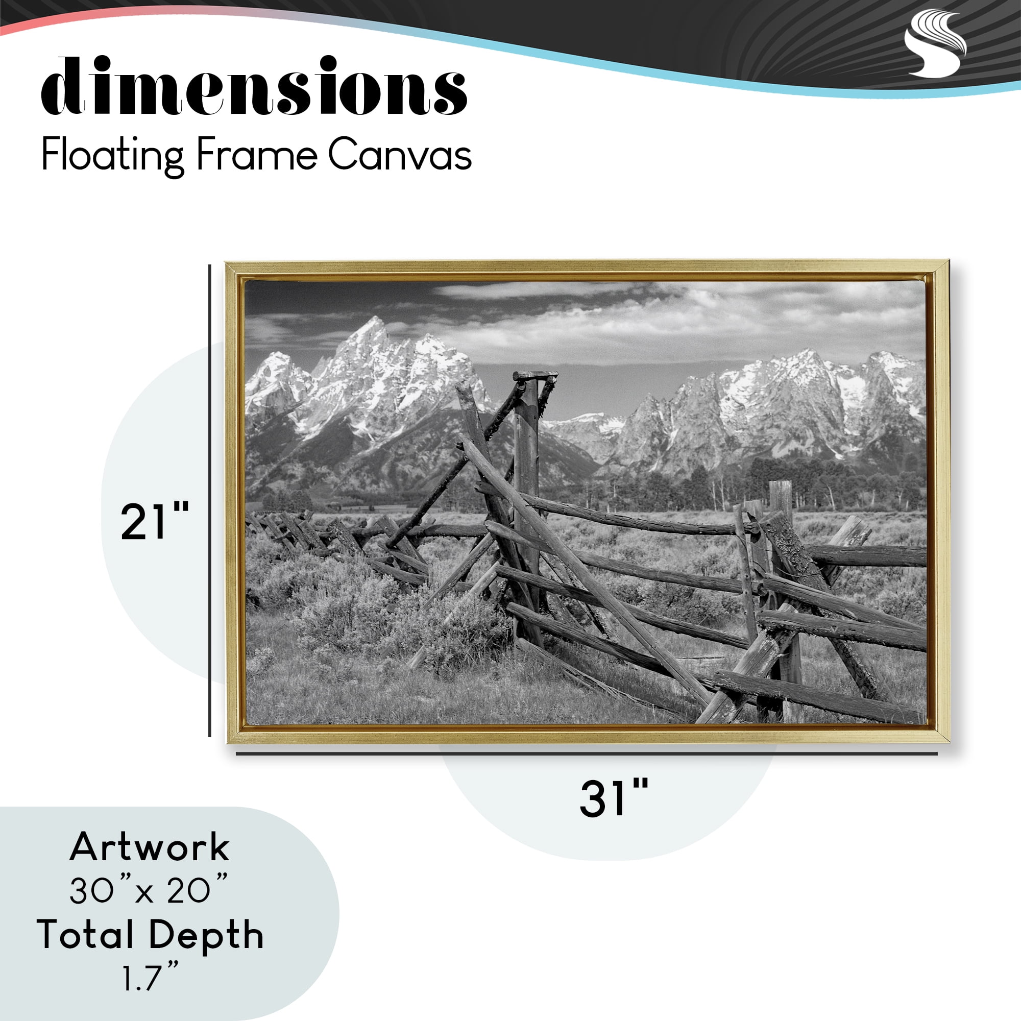 Grand Tetons Mountains & Fence Gold Framed Floater Canvas Wall Art, design by MJ Photography