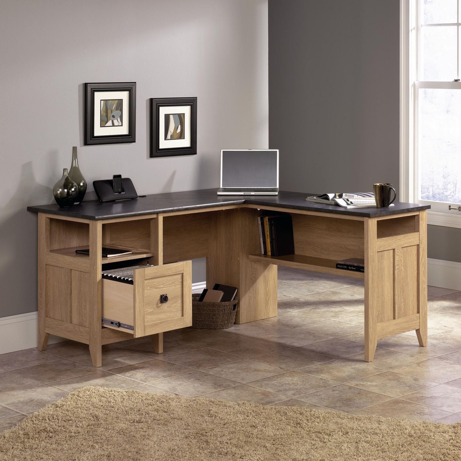 Sauder August Hill L-Desk in Dover Oak Finish