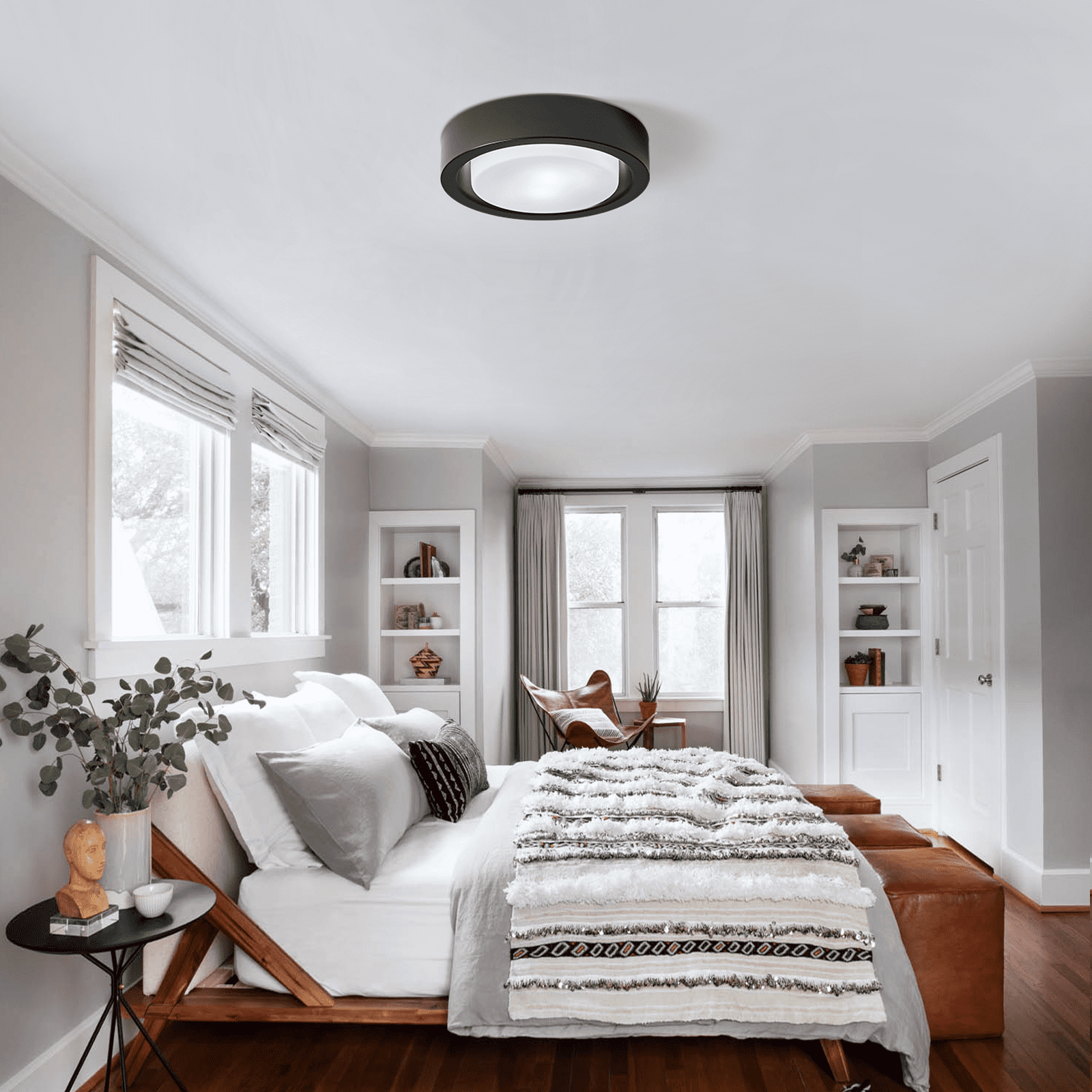 HEYAN 13 Inch Black Flush Mount Ceiling Light Fixtures Modern Round Metal Ceiling Light with White Frosted Glass Shade for Hallway Bedroom Kitchen
