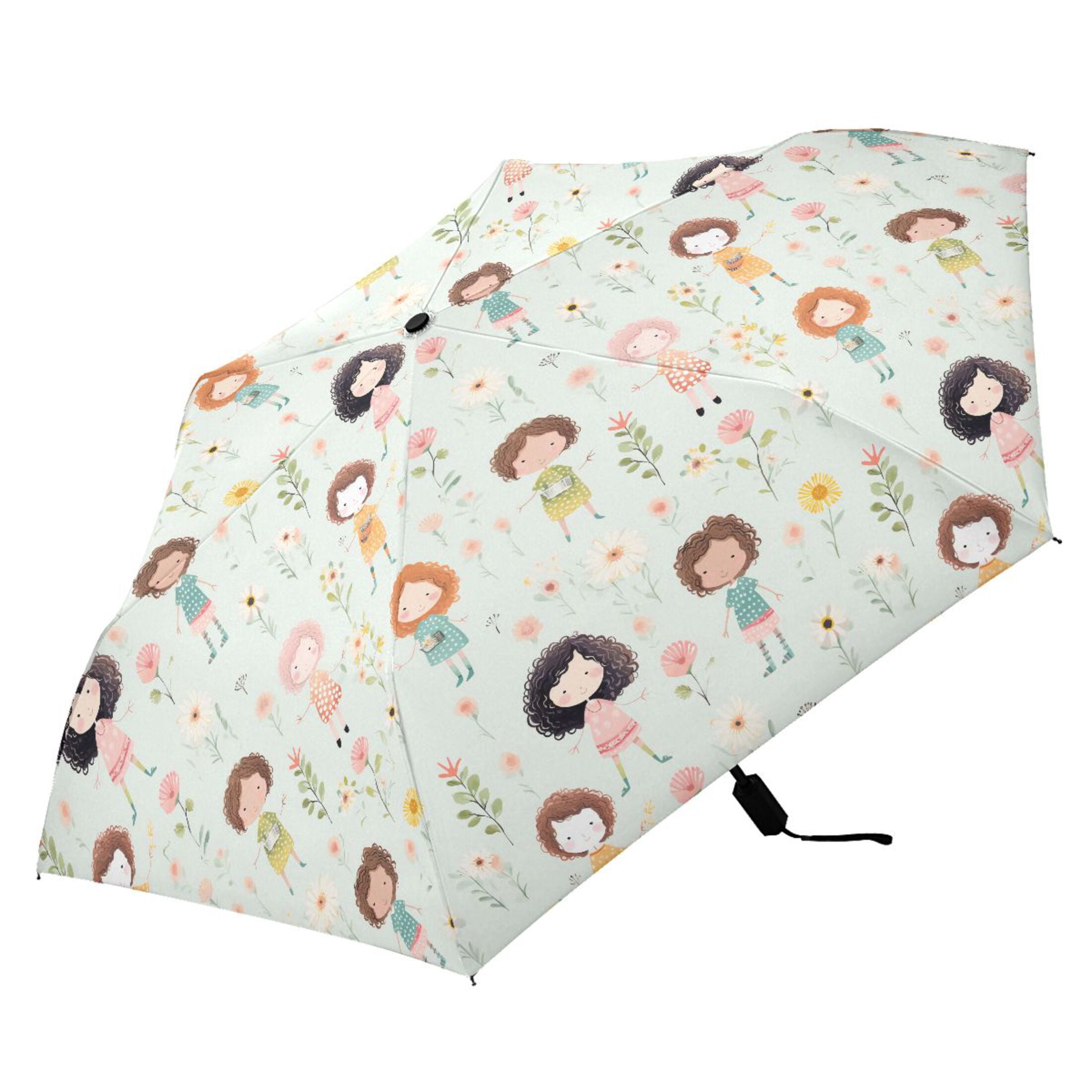 Little Girl and Flower Compact Sun Umbrella Windproof Travel Umbrellas for Rain Strong Portable UV Protection