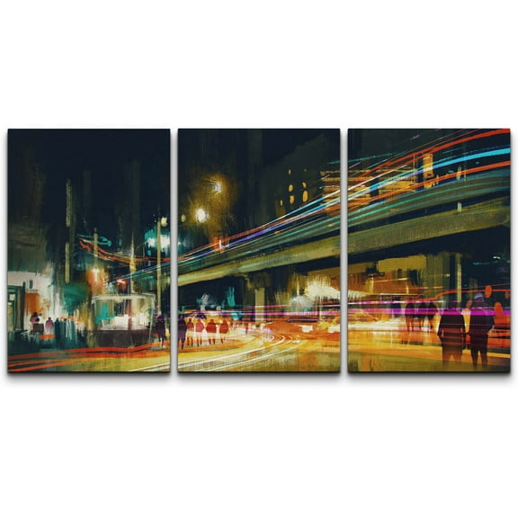 wall26 Canvas Print Wall Art Set City Street at Night with Light Trails Cities Cityscape Illustrations Realism Rustic Scenic Colorful Multicolor for Living Room, Bedroom, Office - 16"x24"x3