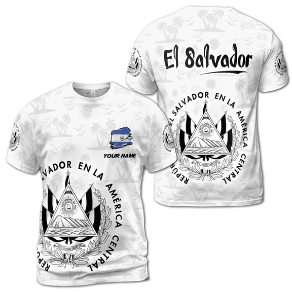 Custom Name Summer Vibe Pattern El Salvador Coat of Arms Men's T-shirt S-5XL