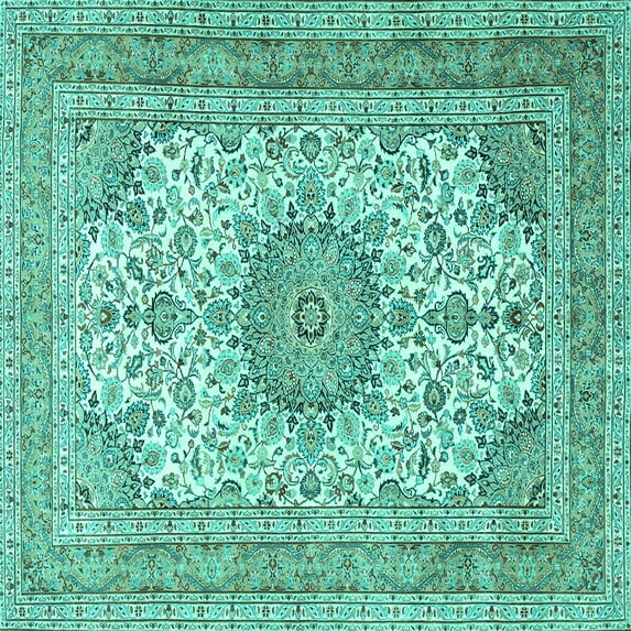 Ahgly Company Machine Washable Indoor Square Medallion Turquoise Blue Traditional Area Rugs, 5' Square