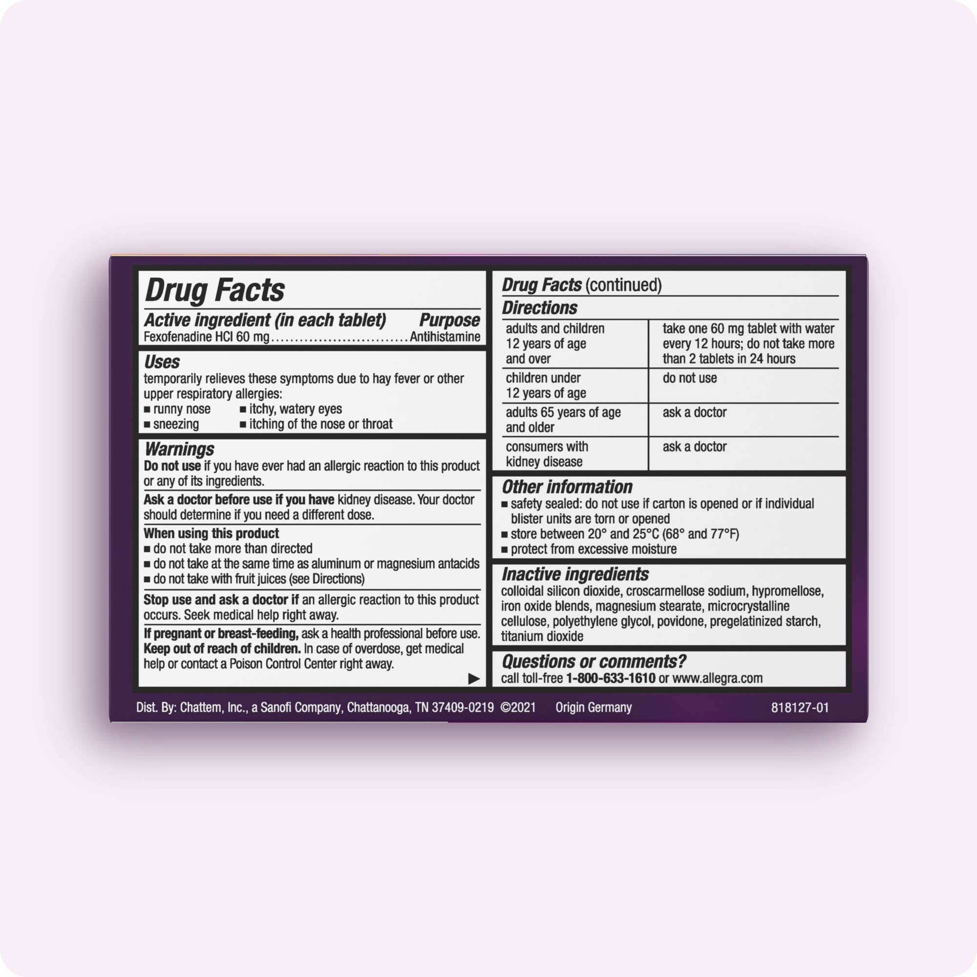 Allegra Adult 12-Hour Allergy Relief Tablets, Non-Drowsy Indoor and Outdoor Allergy Medicine, 60 mg Fexofenadine HCI Antihistamine Pill, 12-Count