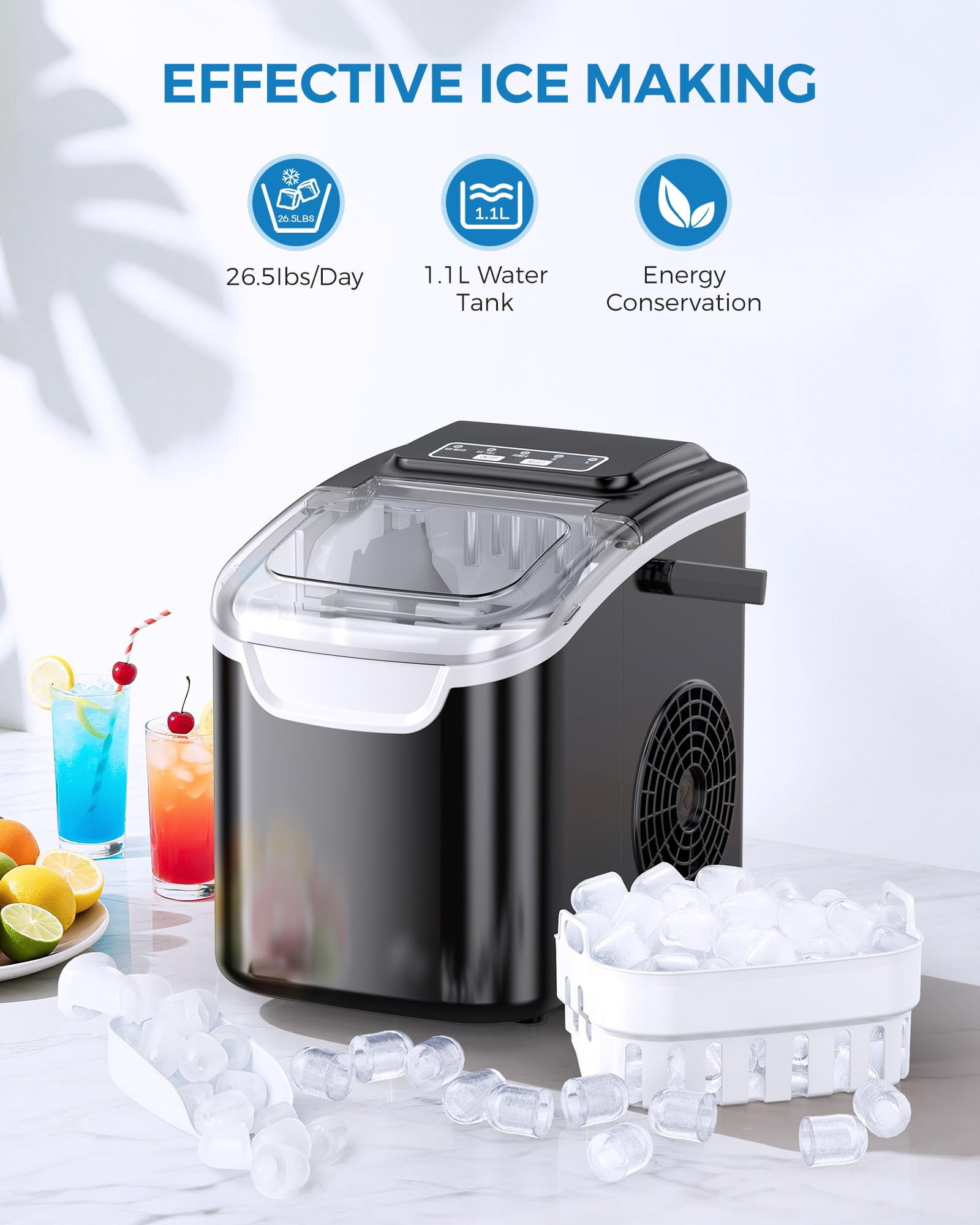 Auseo Countertop Ice Maker Machine 26 lbs/24H, 2 Sizes of Bullet Ice, 9 Bullet-Shaped Ice in 6 Min, Auto-Cleaning, Black
