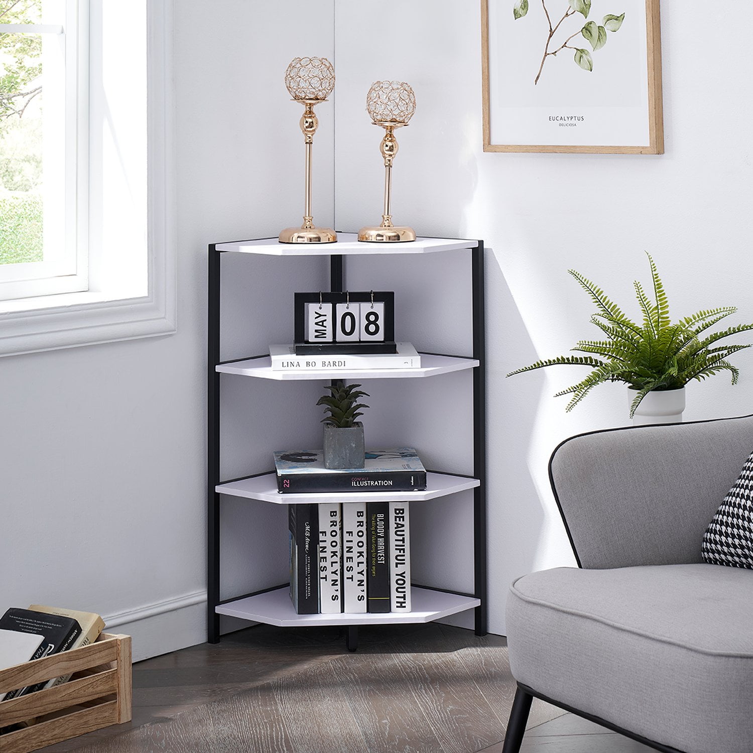 VECELO 4-Tier Corner Shelf, Multipurpose Wood Storage Stand VECELO 4-Tier Corner Shelf, Multipurpose Wood Storage Stand