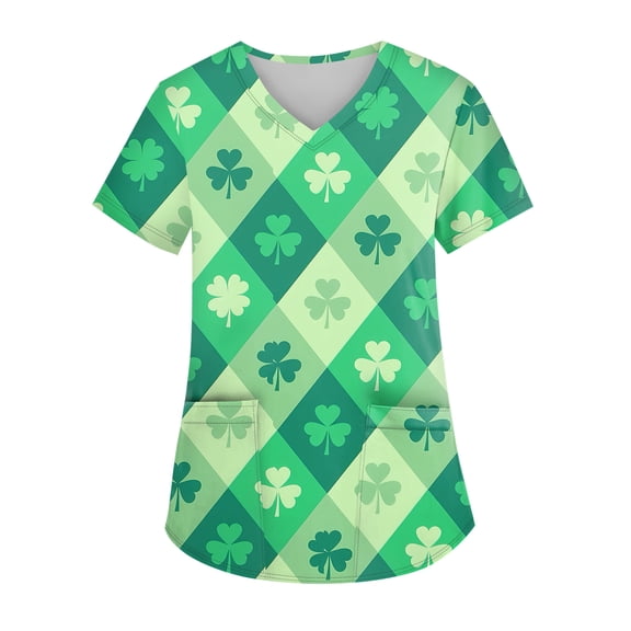 St Patricks Day Scrub Tops for Women Shamrock V Neck Nursing Uniform Clover Short Sleeve Green Lucky Scrubs with Pockets Light Green XL