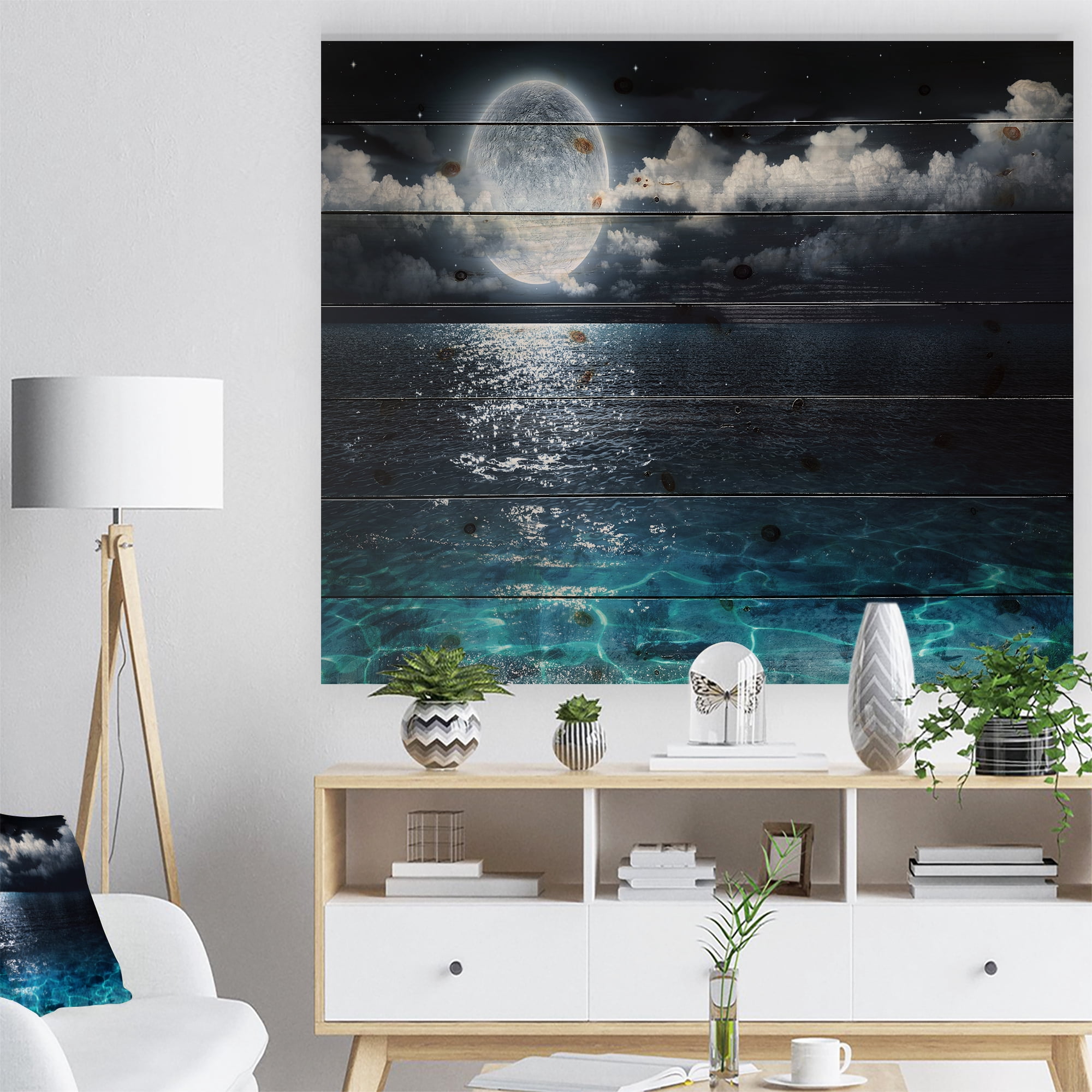 Designart 'Romantic Full Moon Over Sea' Seascape Print on Natural Pine Wood
