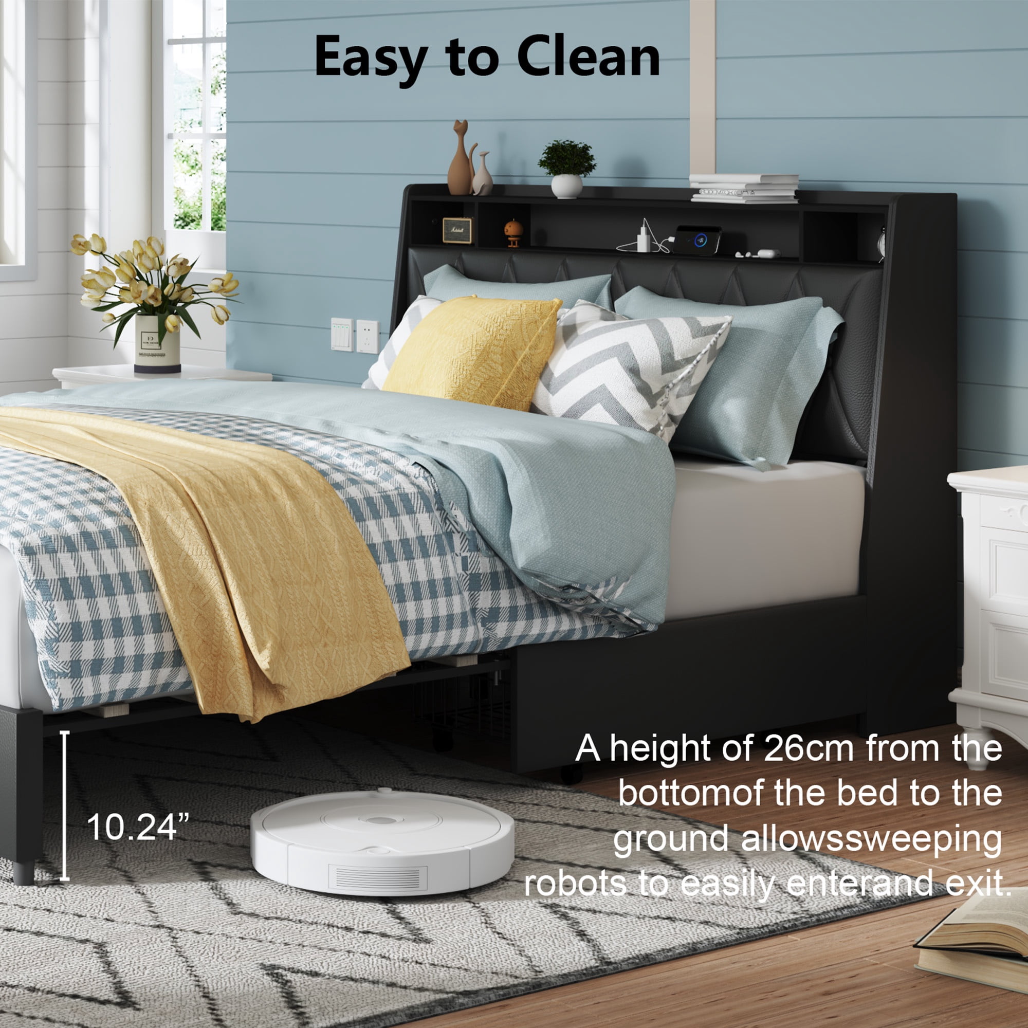 Bellemave PU Leather Upholstered Bed Frame Full Size with 4 Storage Drawers Noise-reduced Full Size Bed Frame with Bookcase Headboard and Charging Station (Full, Black)