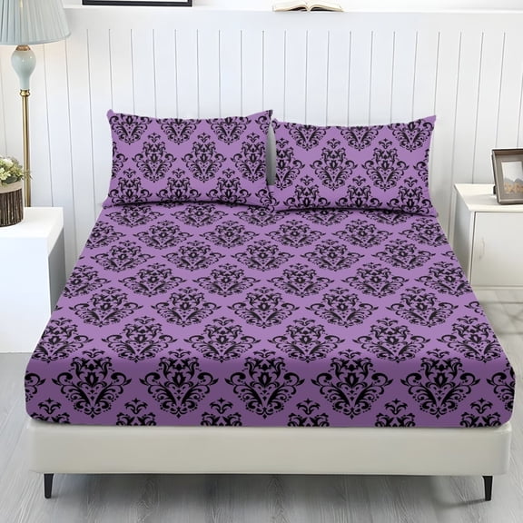 Garronmavis Purple Damask Pattern Twin Size Bedding Set, 3 Piece Soft Breathable Fitted Sheet & 2 Pillow Shams, Wrinkle Resistant Vintage Bed Cover for Bedroom Guest