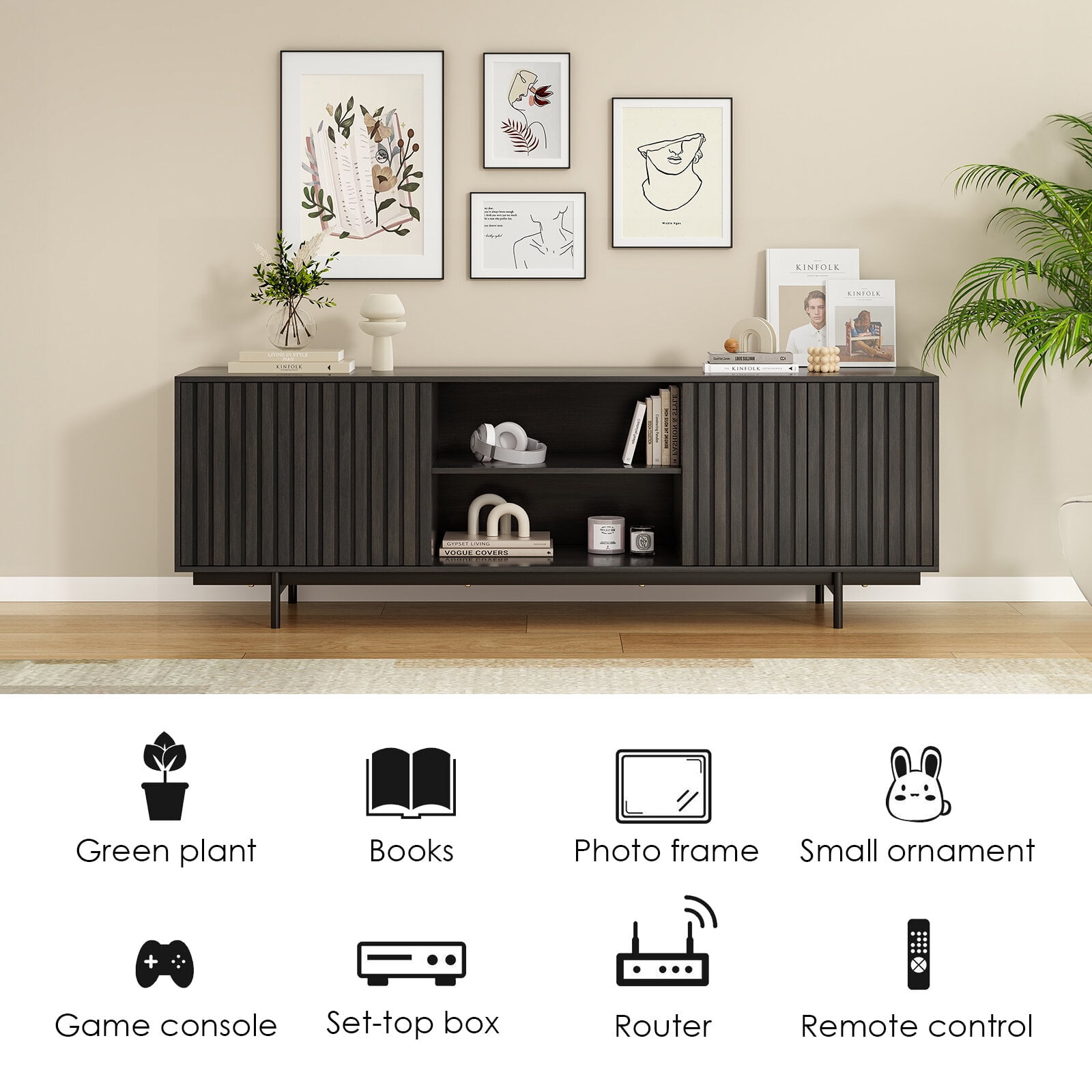 TV Stands With Storage Mid Century Modern TV Stand for TVs Up to 75", Farmhouse Fluted TV Stand, Retro Wood TV Stand with Storage and Shelf, Entertainment Center with Pop-Up Doors for Living Room, B