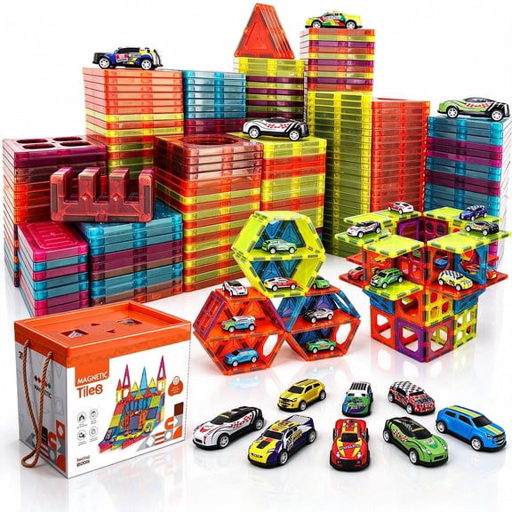 BUBUQE Magnetic Tiles Parking Building Playset with 10 Pull-Back Metal Cars for Kids Construction STEM Toy Preschool Creativity Learning Birthday Gift for Girls Boys Toddlers 3 4 5 6 7 8