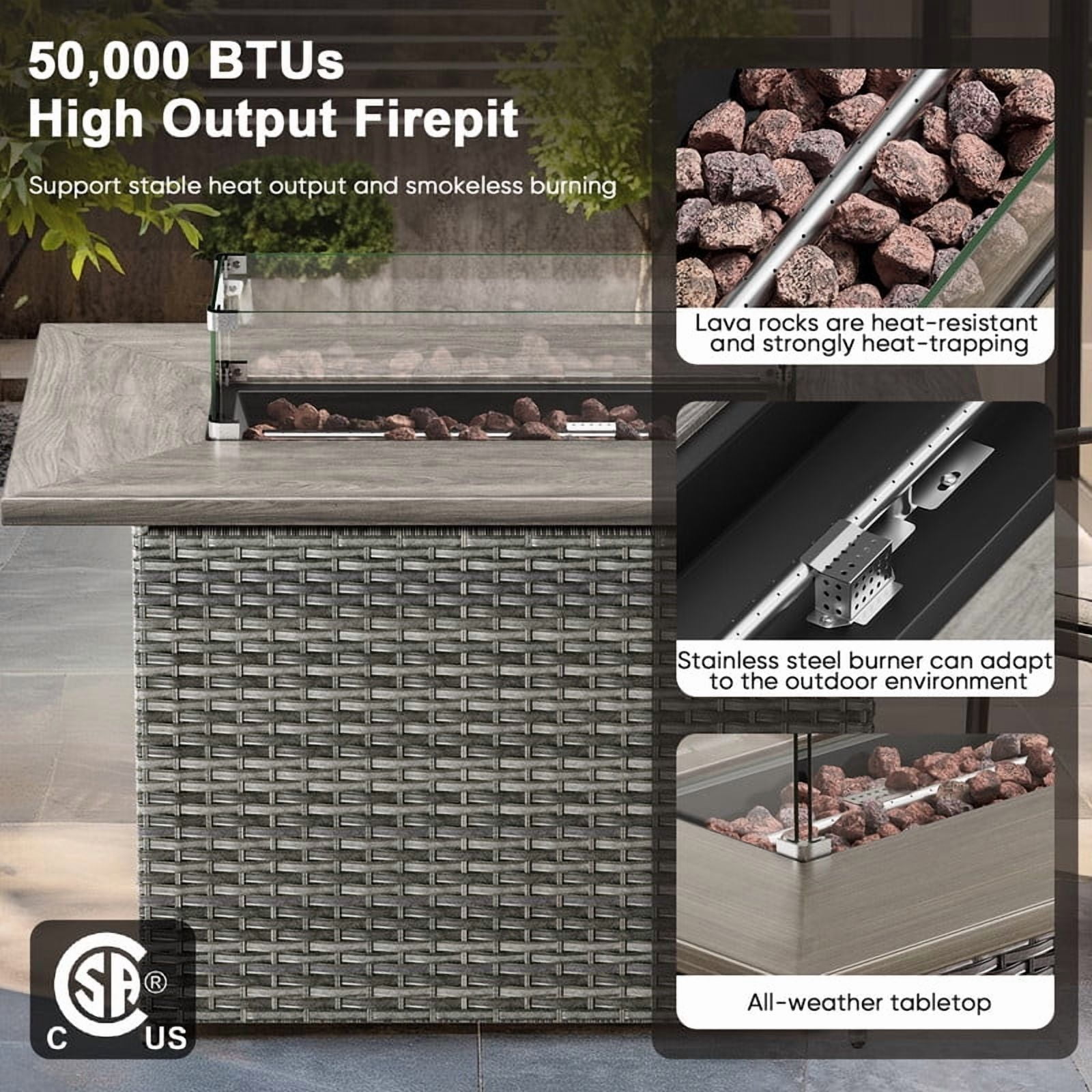 Giantfurnni 41" Propane Fire Pit Table with Lid, Outdoor Wicker 50,000 BTUs Rectangle Gas Fire Pit Table with Glass Wind Guard and Lava Rocks for Balcony Porch Deck
