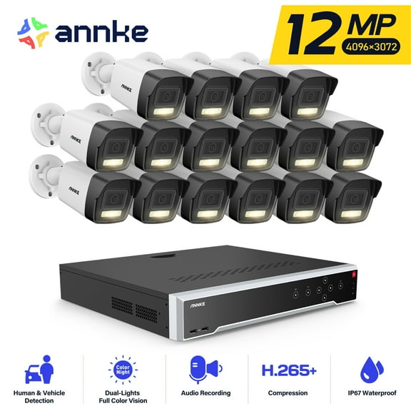 ANNKE 32CH 12MP PoE Security Camera System with AI Human Vehicle Motion Detection, 16PCS 12MP H265  NVR and 12MP Ultra HD Outdoor IP Bullet Cameras, Night Vision, IP67, Built-in Mic