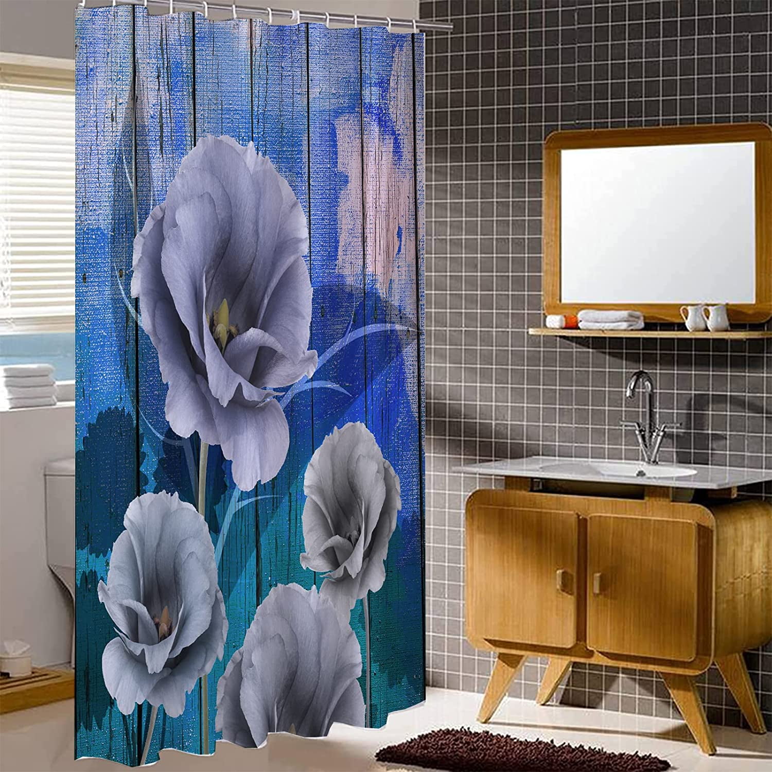 Stall Blue Rustic Shower Curtain,36x72 inch RV Bathroom Shower Curtains Set with Hooks,3D Floral Bath Curtain,Waterproof Fabric