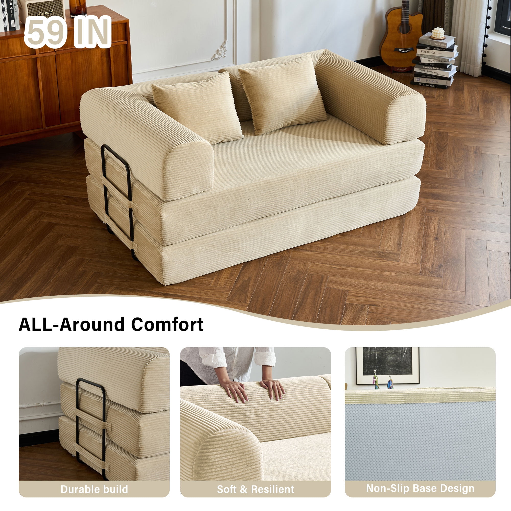 59" 5-in-1 Convertible Corduroy Sofa Bed, No-Assembly Boneless Loveseat Pull-Out Sleeper for Small Spaces(Beige)