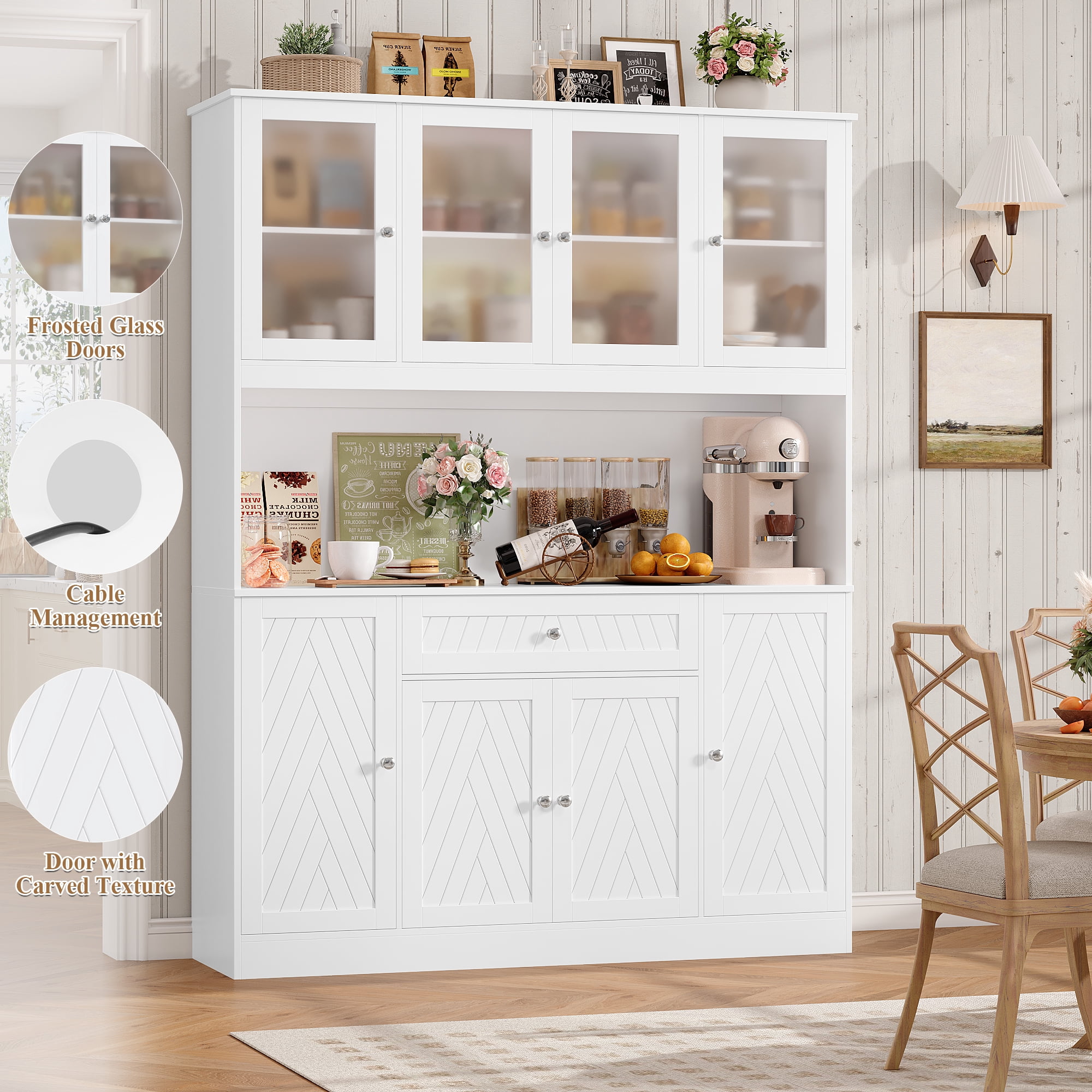 Hiphuta 72" H Kitchen Pantry Cabinet with Frosted Glass Door, 55" W Farmhouse Kitchen Storage Cabinet with Cable Management, Large Kitchen Hutch for Kitchen Dining Room