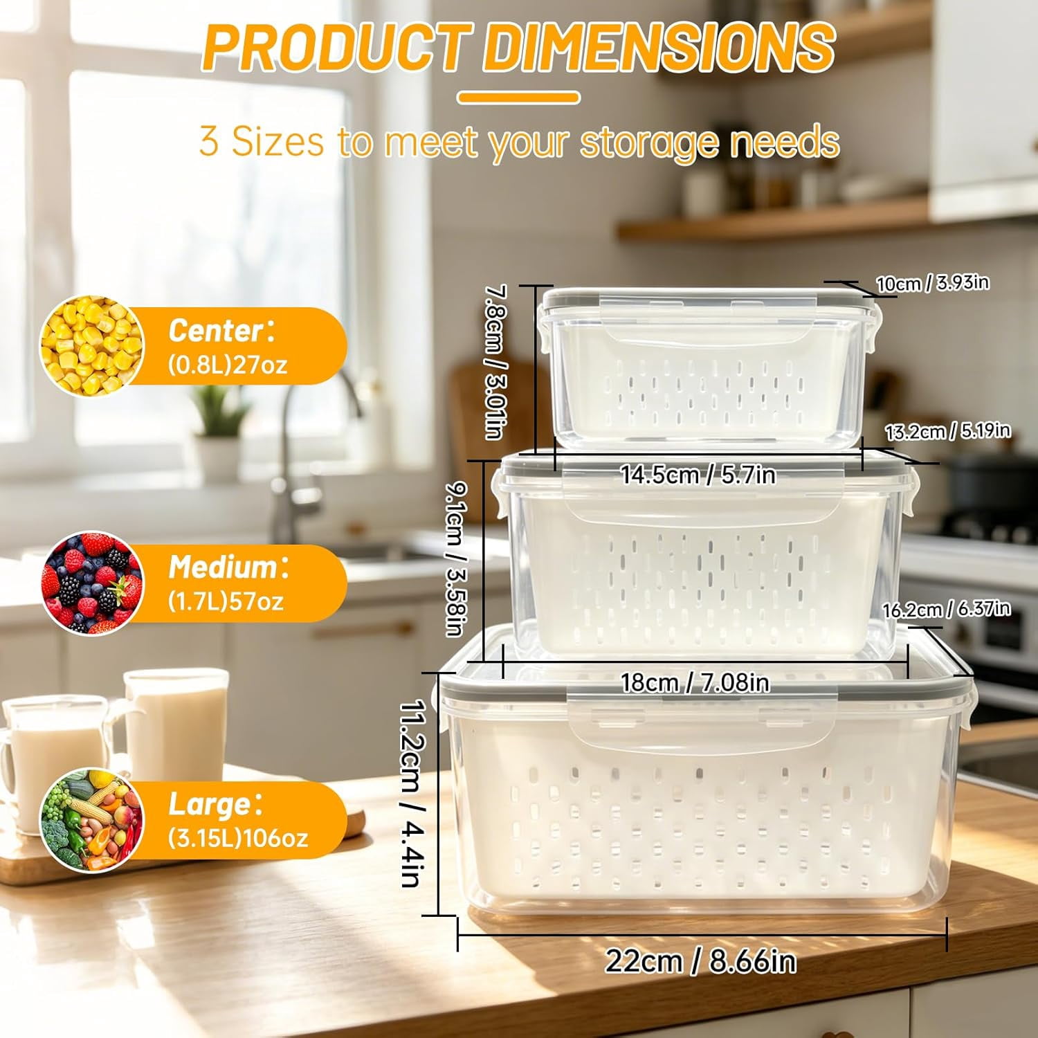 3 PCS Fruit Storage Containers for Fridge, Airtight Produce Storage Containers for Fridge, 4-in-1 Fruit and Vegetable Storage, Berry Keeper, Food-Grade & Easy To Clean Material