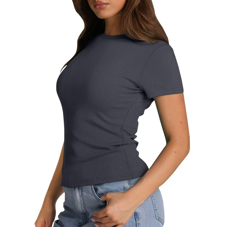 RPVATI Women Short Sleeve Tops Plus? Slim Fitted Crew Neck Basic Crop Top  Summer Y2k Tshirts Stretchy Bodycon Going Out Tees Khaki XL