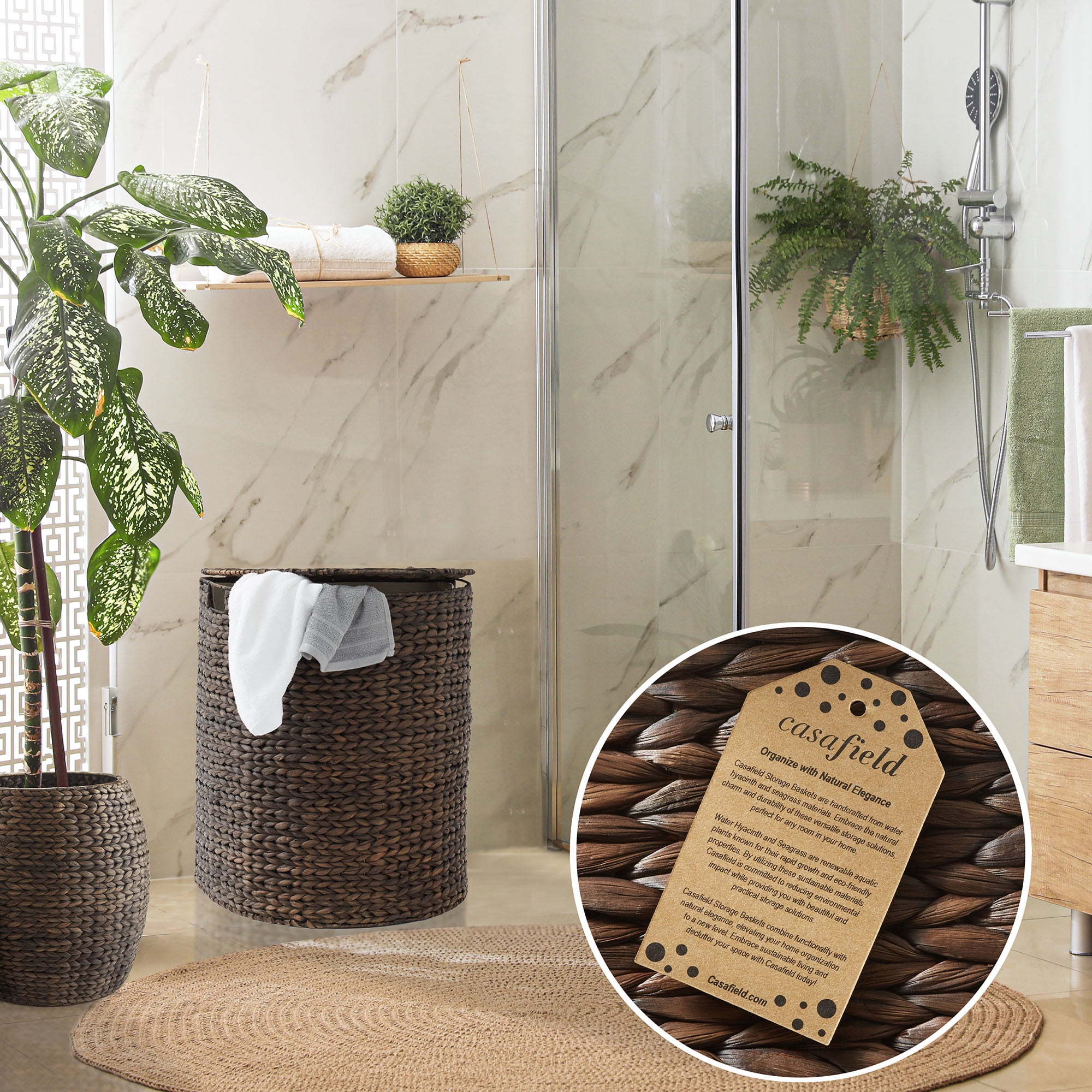 Casafield Half Moon Laundry Hamper with Lid and Removable Liner Bag - Espresso Dark Brown, Woven Water Hyacinth Laundry Basket Sorter for Clothes