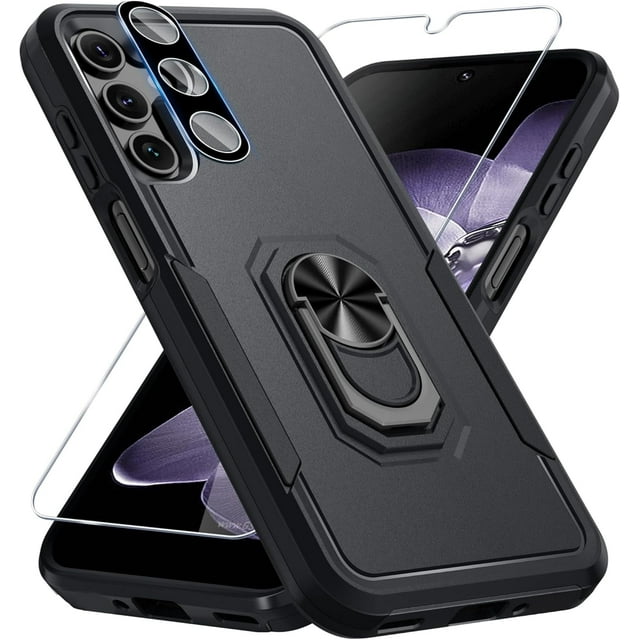 KOMI Compatible with Samsung Galaxy A16 5G Case with Screen Protector+Camera Lens Protector,Heavy Duty Full Body Phone Cover Built in Ring Holder Kickstand, 2025 Black Matte
