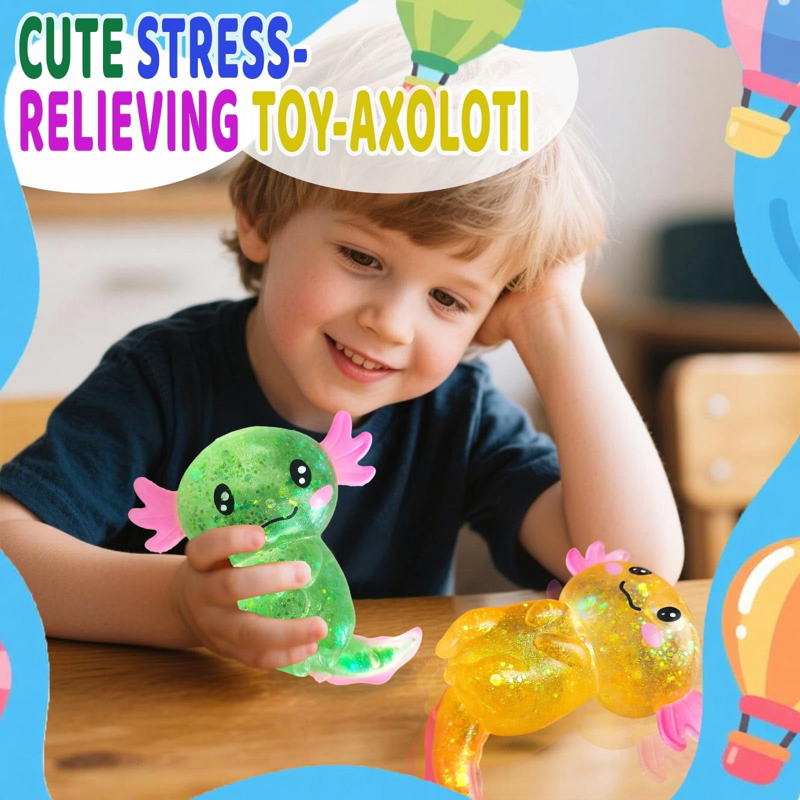 4 Pack Axolotl Squishy Stress Balls, Glitter Sensory Squeeze Fidget Toys for Adults, Cute Axolotl Gifts for Parties, Birthdays and Christmas