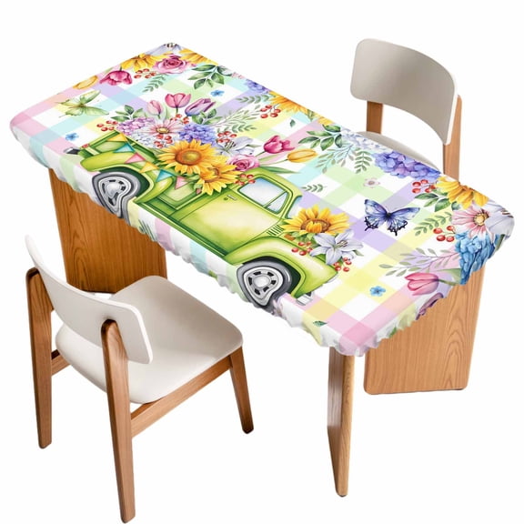 Watercolor Truck Flowers Table Cloths for 6 Foot Rectangle Tables, Spring Butterflies Botanical Plaid Patio Waterproof Elastic Fitted Tablecloths, Washable Rectangular Table Cover for Camping