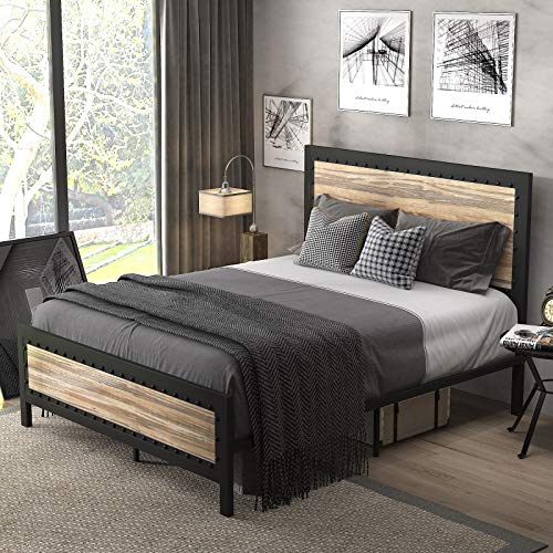 SHA CERLIN Full Size Bed Fame with Adjustable Leather Headboard Easy Assembly No Box Spring Needed Upholstered Platform Bed with Wood Slat Support Black