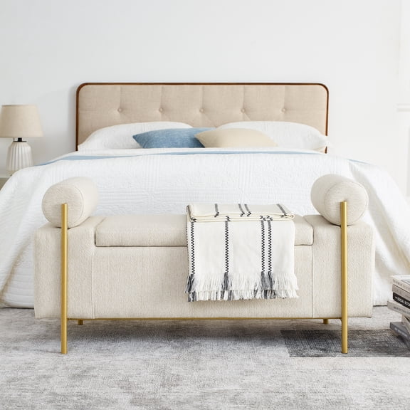 YIYADO Bedroom Storage Bench, 44" Beige Storage Footstool Bench with Arms, Elegant Velvet Upholstered Seat Footstool (for Living Room), Entryway, Gold Metal Legs