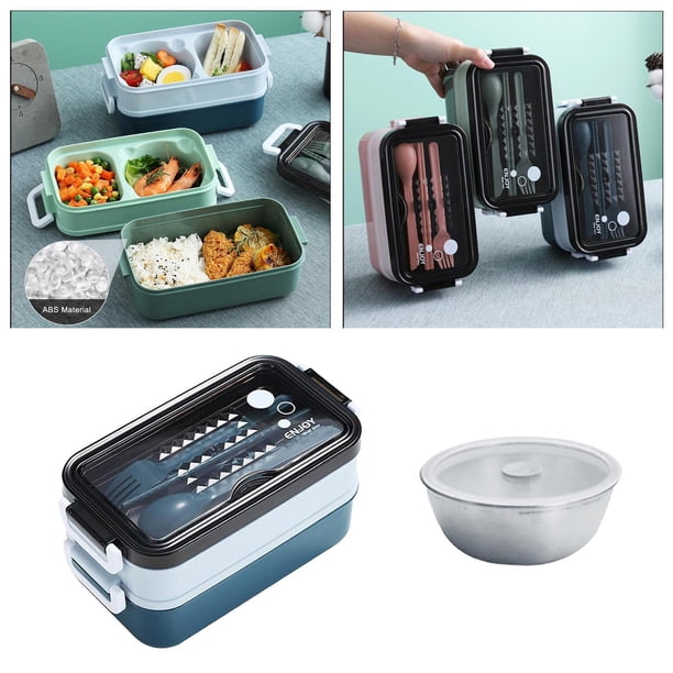 Caja Bento sin BPA Macarena fiambreras apilables azul con tazón de sopa