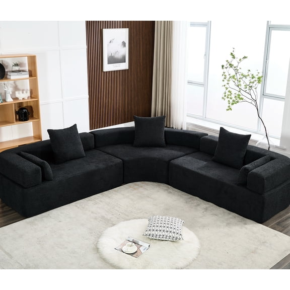 Curved Modular For Living Room - 4 Seater With Boucle Upholstered, Black Soft Upholstery