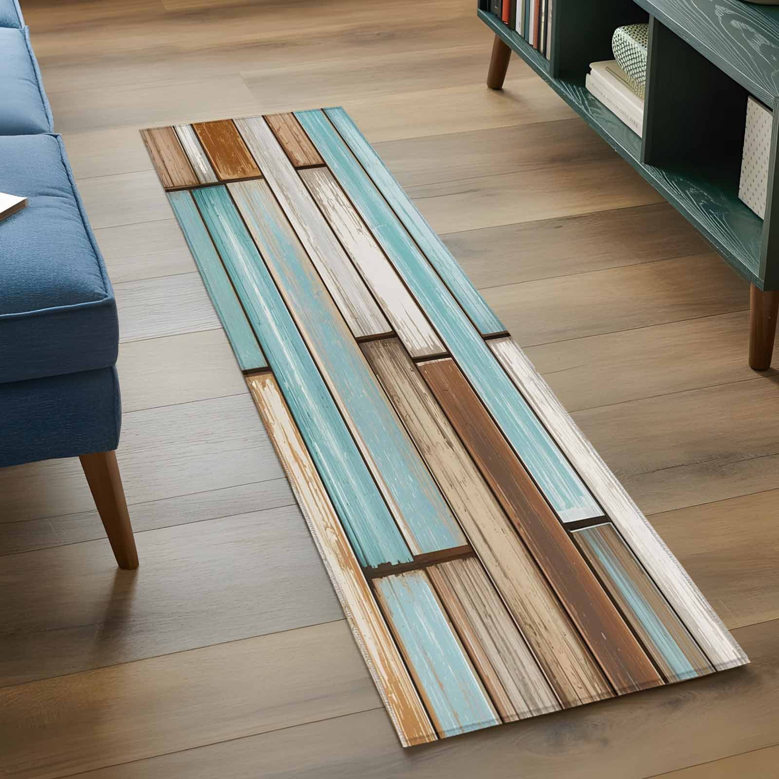 Runner Rug 2'x6', Blue Brown Vintage Washable Non-Slip Hallway Runner Rugs, Retro Farmhouse Elegant Pastoral Bedside Rugs Floor Mats Carpet Runners for Kitchen Bathroom Laundry Room