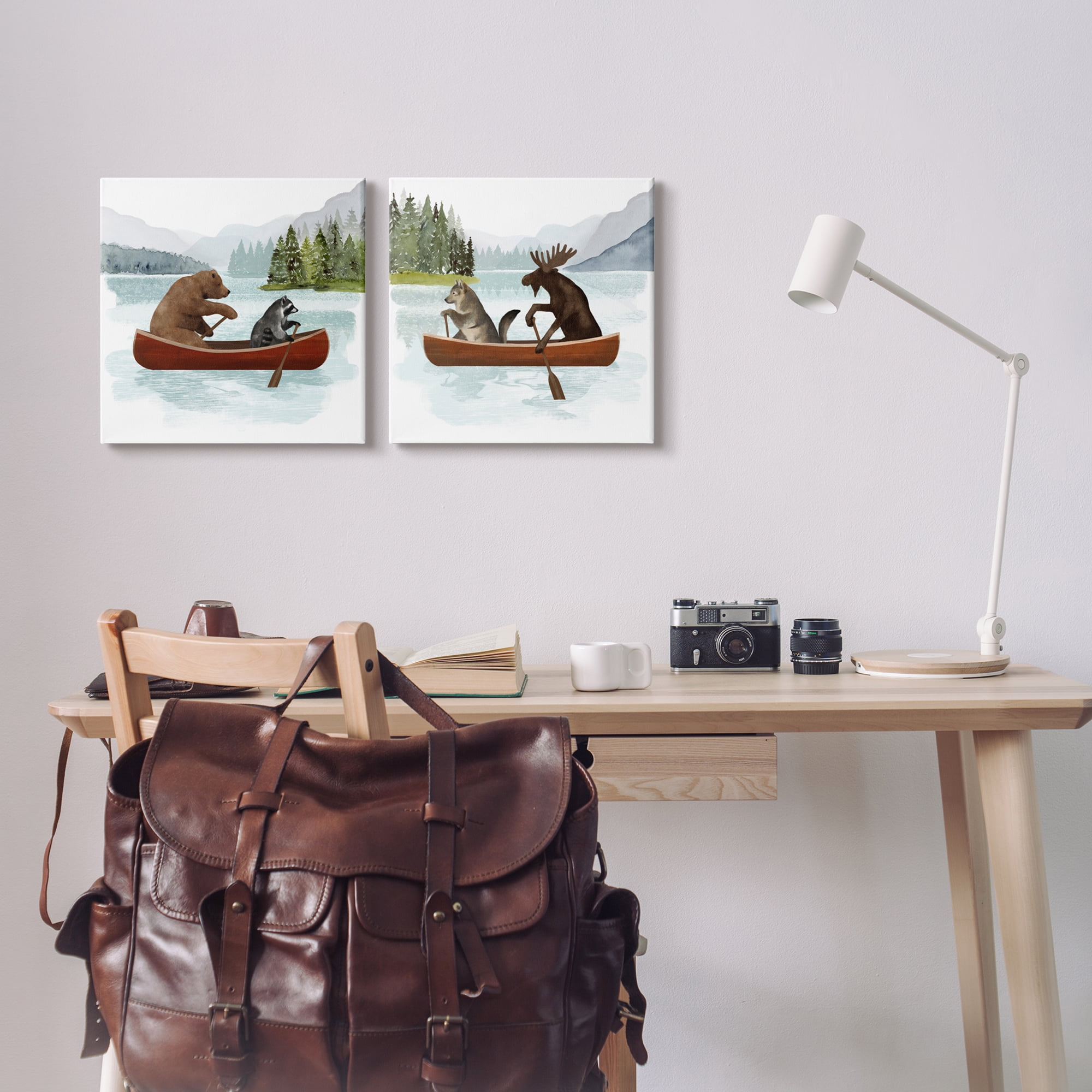Stupell Industries Woodland Animals on Canoes Animals & Insects Painting Gallery Wrapped Canvas Print Wall Art, 17 x 17, Set of 2