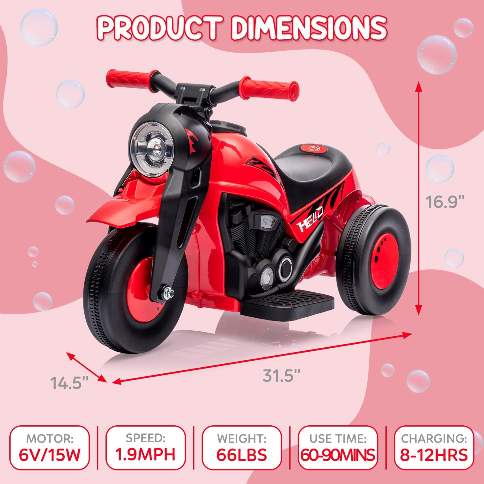 Hetoy 6V Kids Bubble Ride-On Motorcycle – Electric 3-Wheel Toy