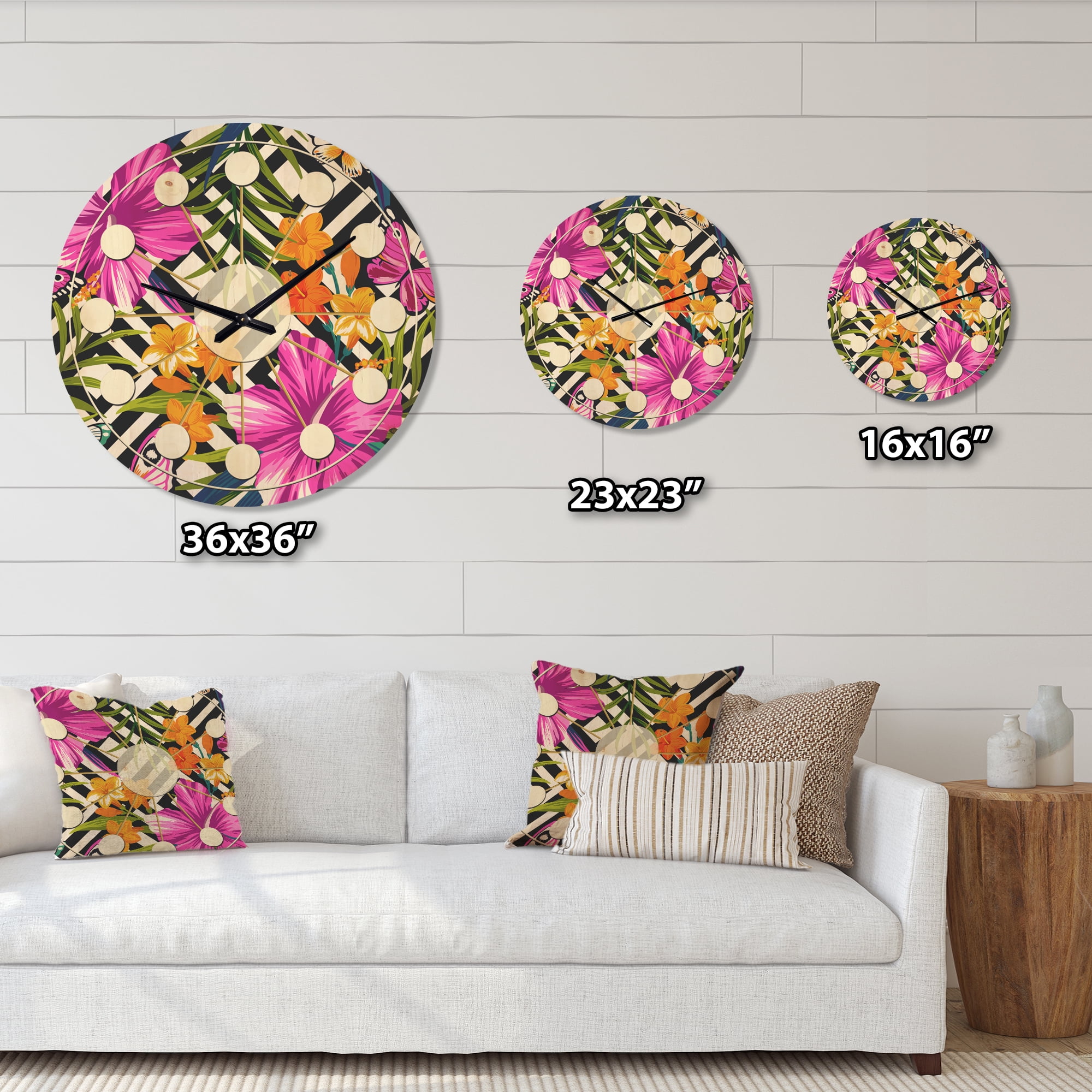 Designart 'Tropical Geometrics and Foliage' Mid-Century Modern Wood Wall Clock