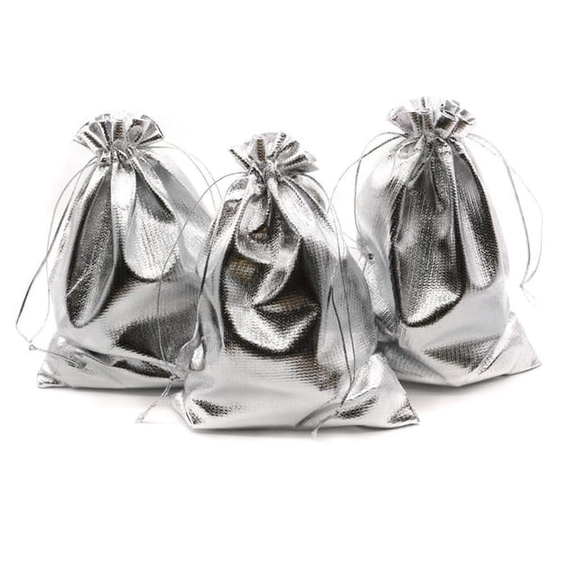 100pcs 3.54"x4.72" Heavy Duty Gold Drawstring Acrylic Jewelry Bag Wedding Party Christmas Gift Candy Chocolate Bag (Silver)