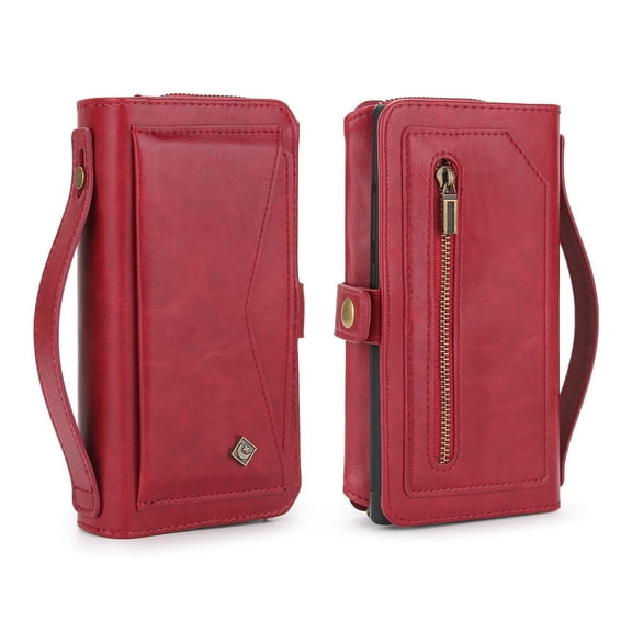 Dteck for iPhone 14, Zipper Pocket Wallet Case, Multifunction Magnetic Detachable PU Leather Card Slot Kickstand Case with Wrist Strap, Red