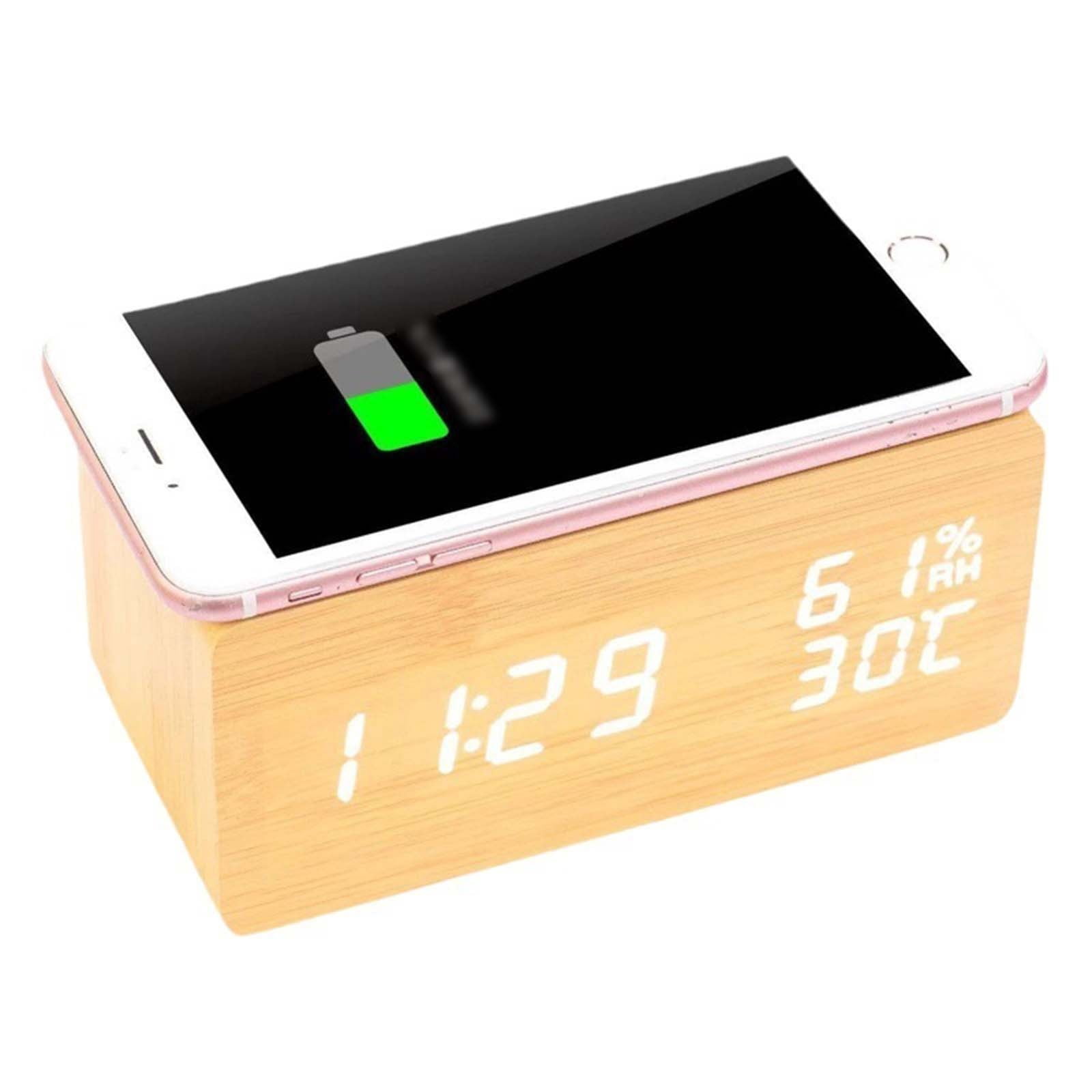 Wooden Digital Alarm Clock with Qi Wireless Charger, Large LED Display, Temp & Date for Bedroom Nightstand