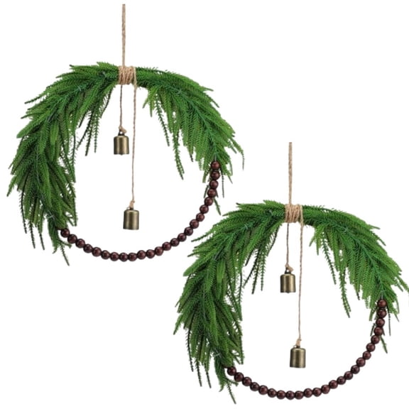 2 Pcs Mini Christmas Wreath 8.6 Inch Small Norfolk Wreaths for Kitchen Cabinets Vintage Mini Wreath with Wood Bead Bell Rustic for Xmas Front Door Window Chair Fireplace Farmhouse Decor