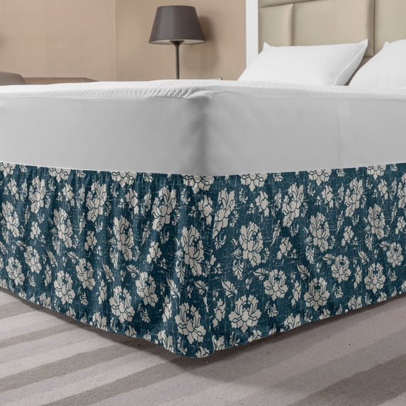 Vintage Bed Skirt, Botanic Garden Illustration Romantic Feminine Arrangement Grunge Effect, Elastic Bedskirt Dust Ruffle Wrap Around for Bedding Decor, 4 Sizes, Dark Teal Eggshell, by Ambesonne