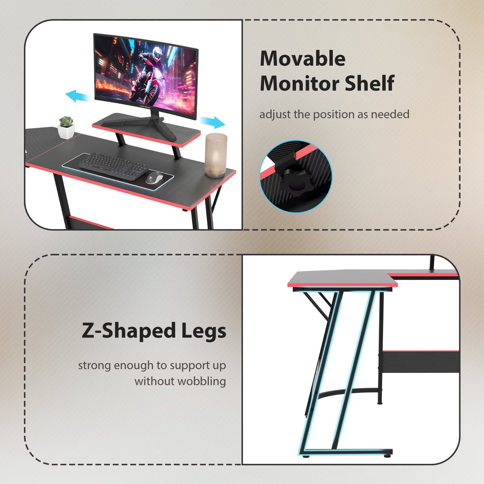 YRLLENSDAN 50 Inch L shaped Corner Gaming Desk, Adjustable Computer Desk with Large Desktop, Home Office Desk with Monitor Stand, for Home and Work Place, Black