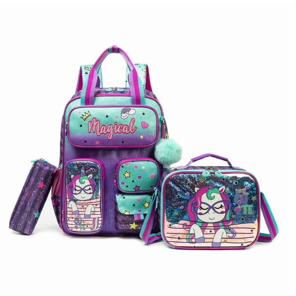 Unicorn Kids Backpack for School Girls with Pencil Case Lunch Box Lightweight Backpacks for Ages 8-10 Bookbag
